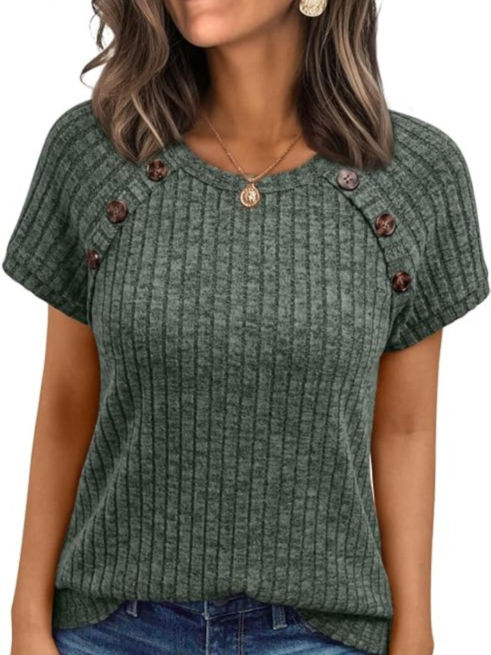 AUTOMET Women's Short Sleeve Decorative Buttons Shirt - LARGE